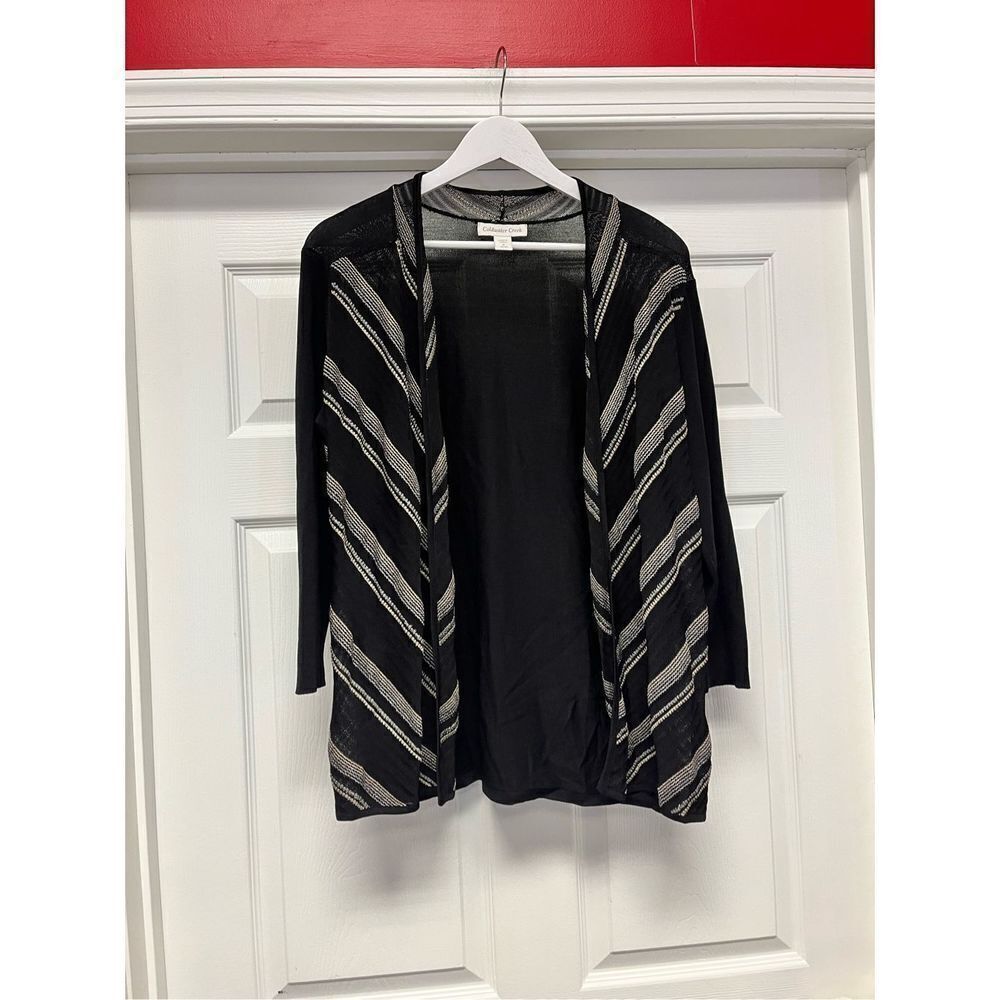 Coldwater Creek Black W/ Gold & Silver Stripes Open Front Cardigan sz M 10-12 EU